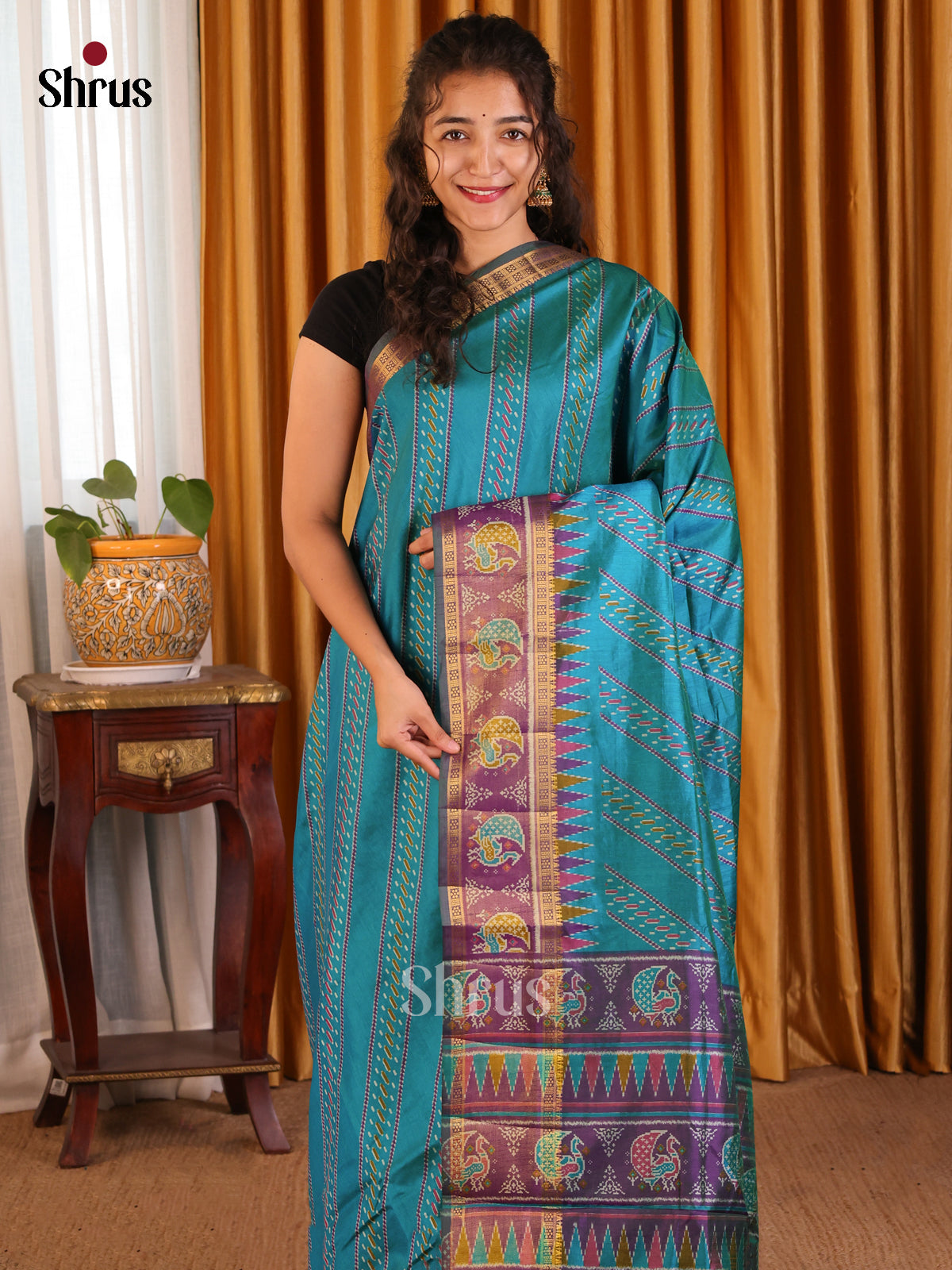 Teal with Purple - Semi Patola Saree - Shop on Shrus.com