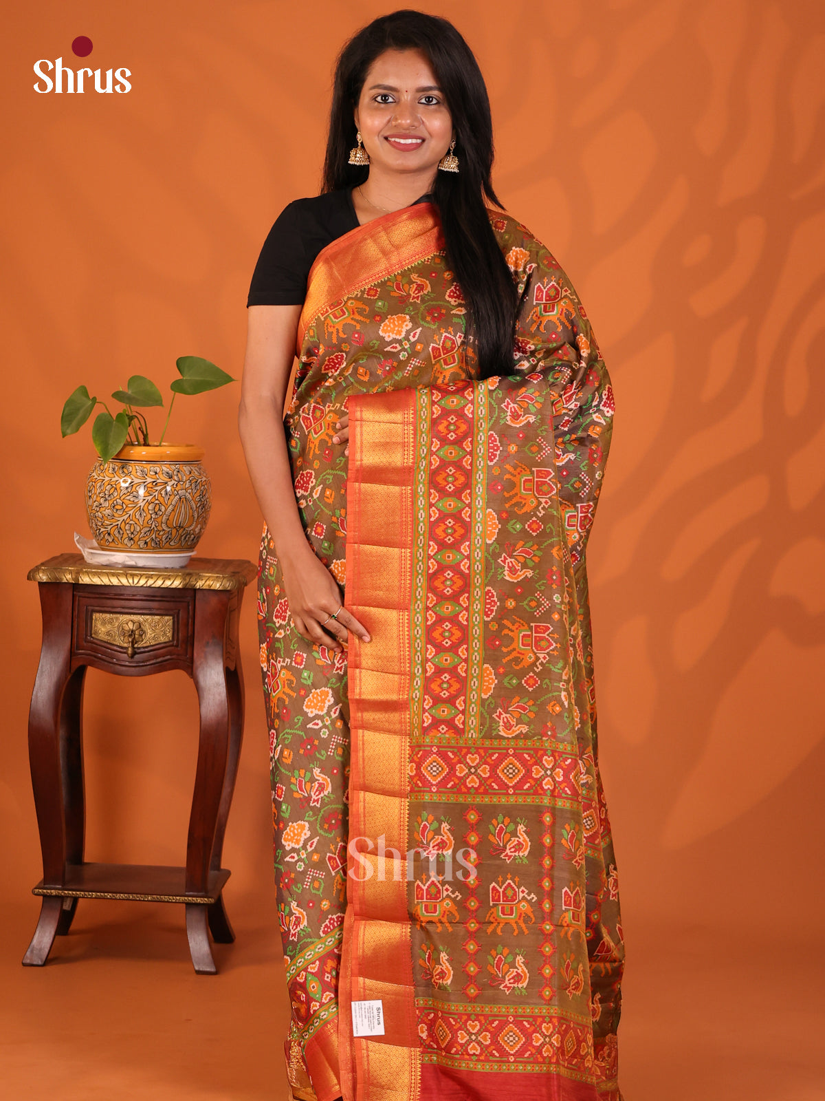 Chutney Green with Orange - Semi Patola Saree - Shop on Shrus.com