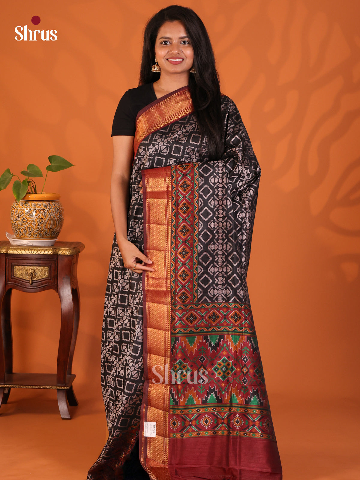 Black with Maroon- Semi Patola Saree - Shop on Shrus.com