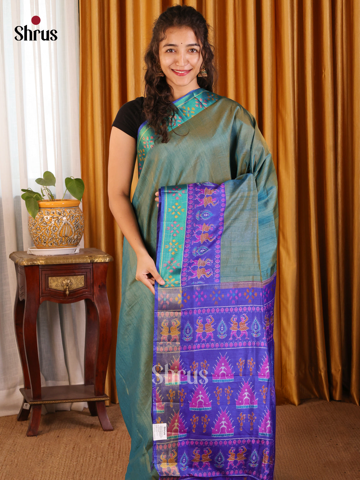 Green with Blue - Semi Patola Saree - Shop on Shrus.com
