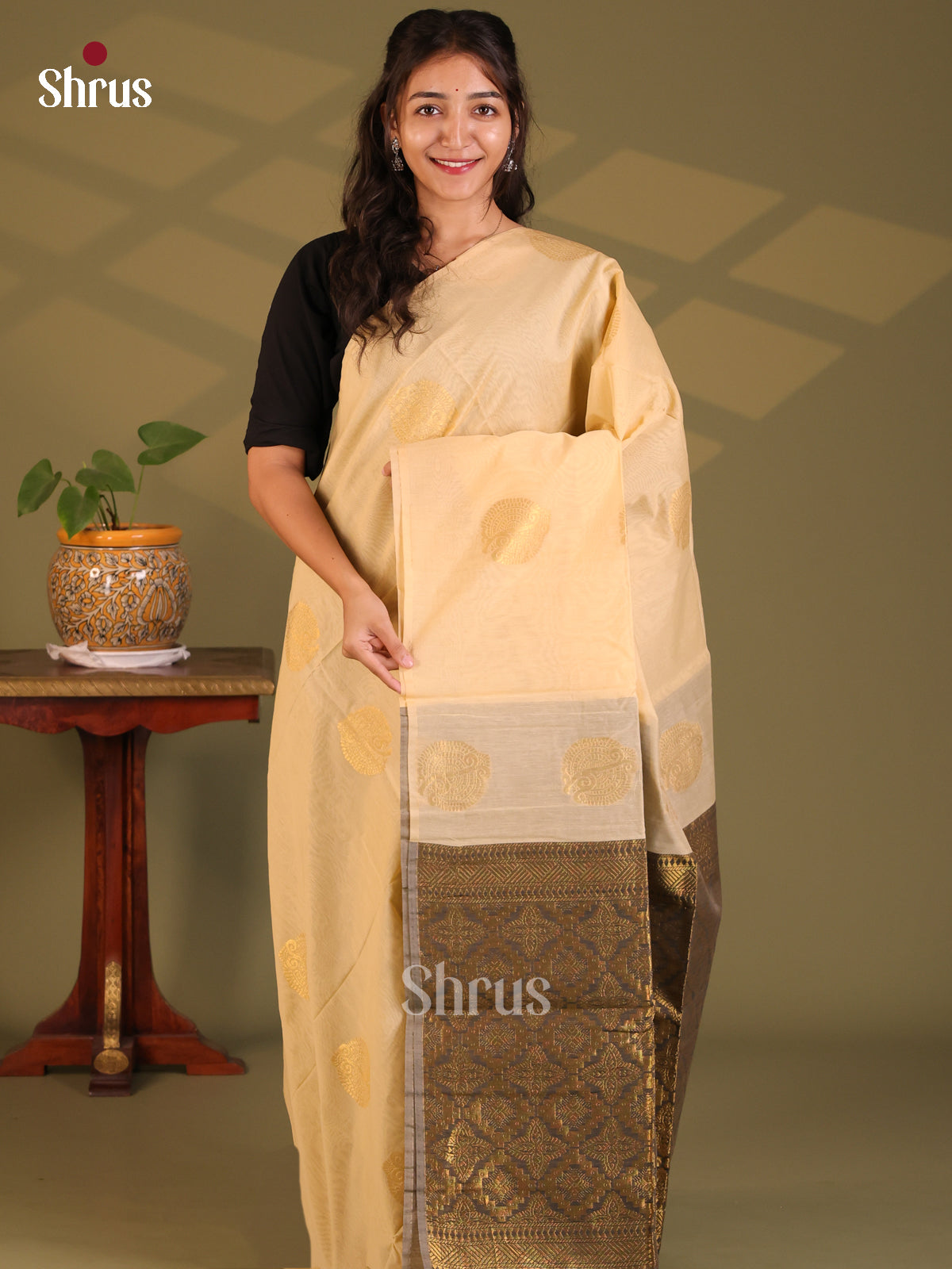 Cream with Brown - Semi Silkcotton Saree - Shop on Shrus.com
