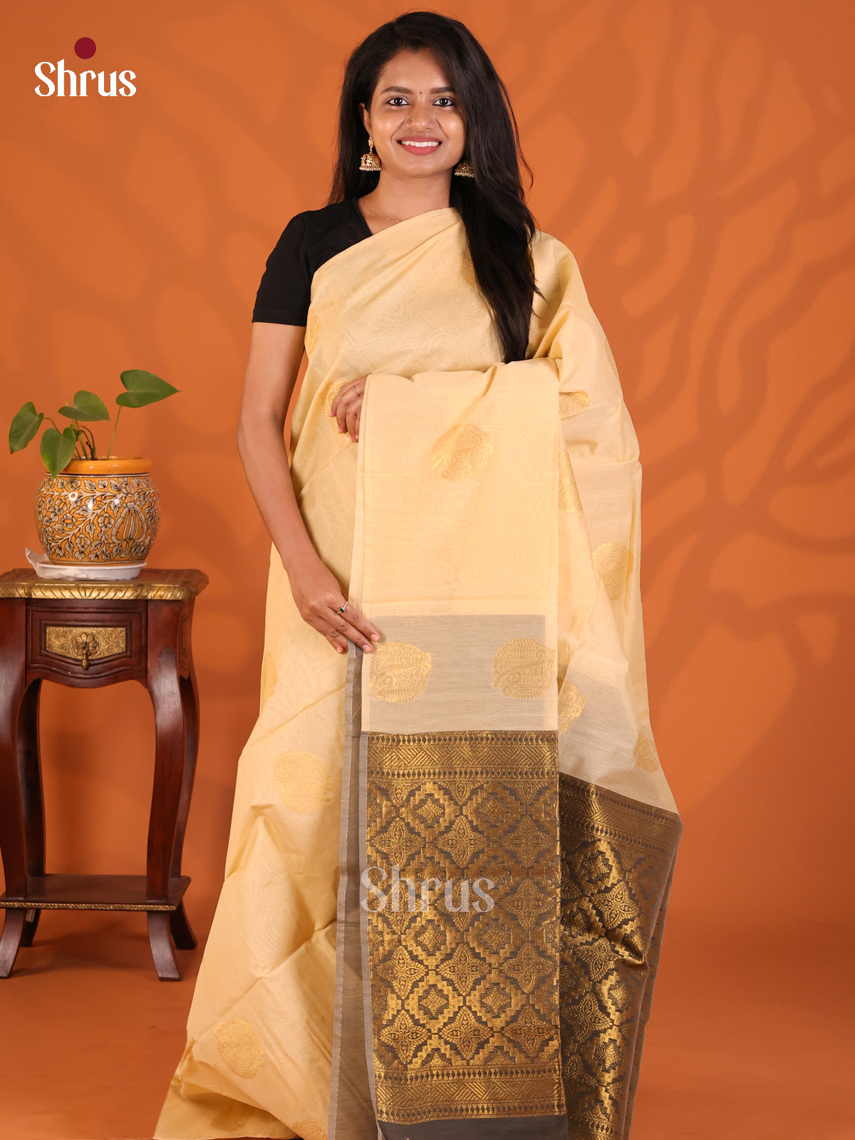 Cream with Brown - Semi Silkcotton Saree - Shop on Shrus.com