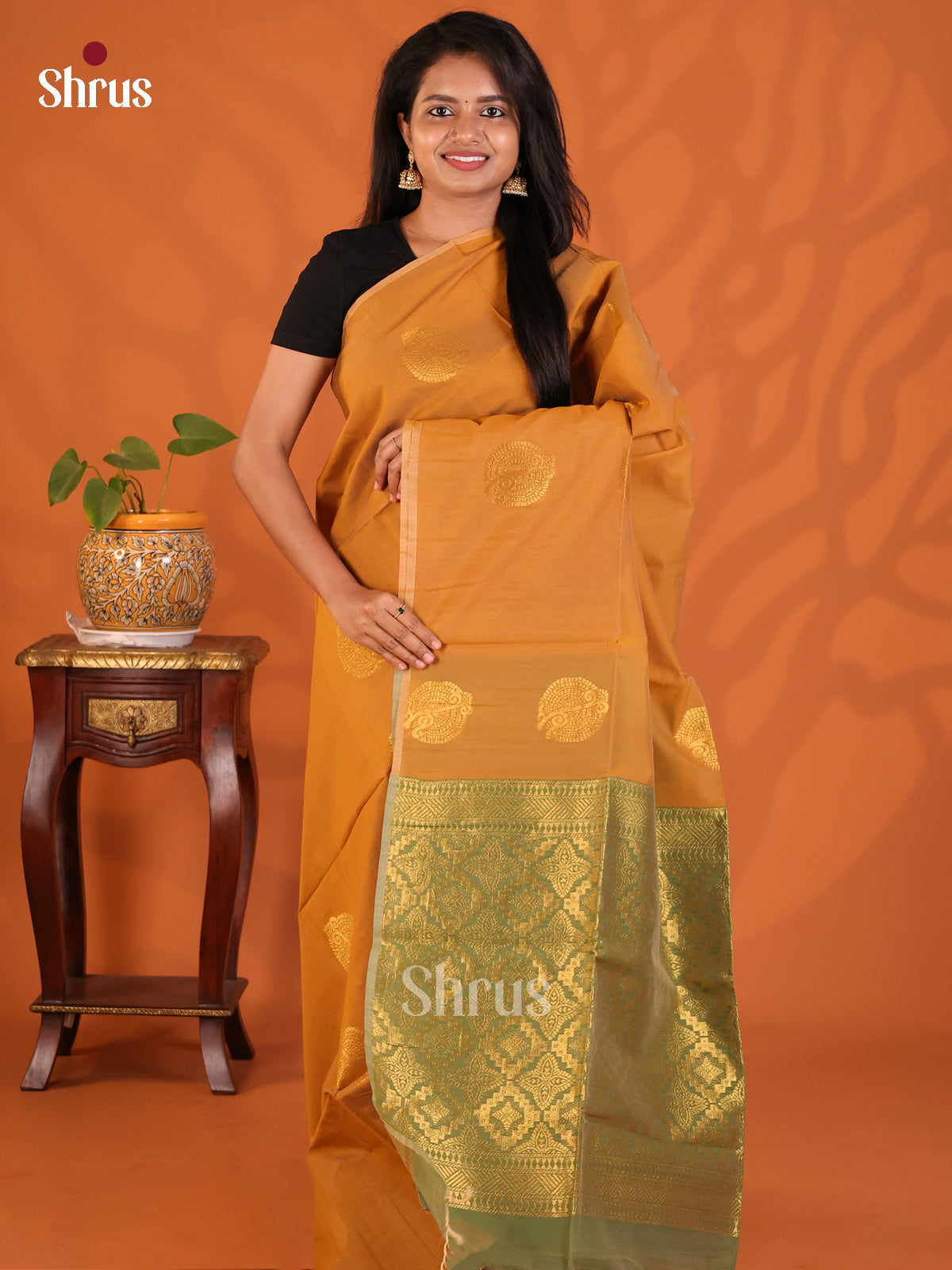 Mustard with Green - Semi Silkcotton Saree - Shop on Shrus.com