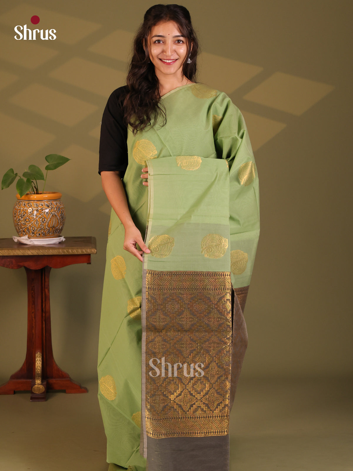 Pastel Green & Grey - Semi Silkcotton Saree - Shop on Shrus.com