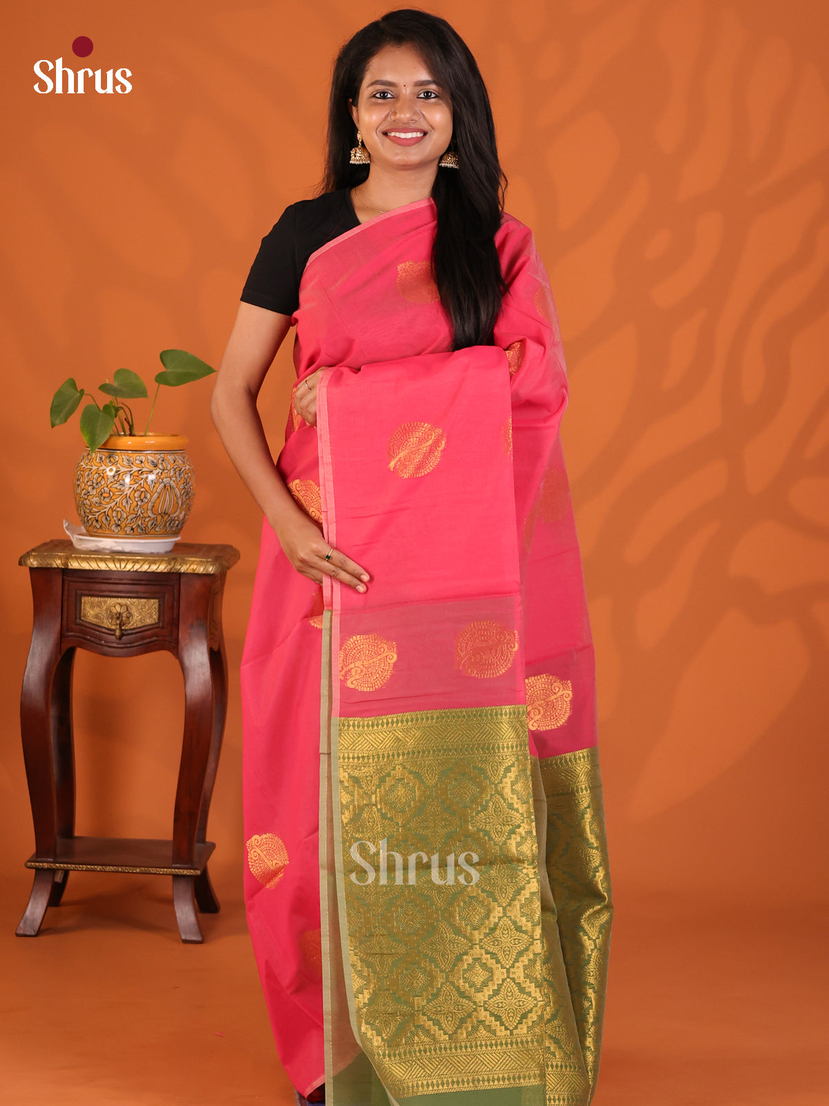 Pink with Green - Semi Silkcotton Saree - Shop on Shrus.com
