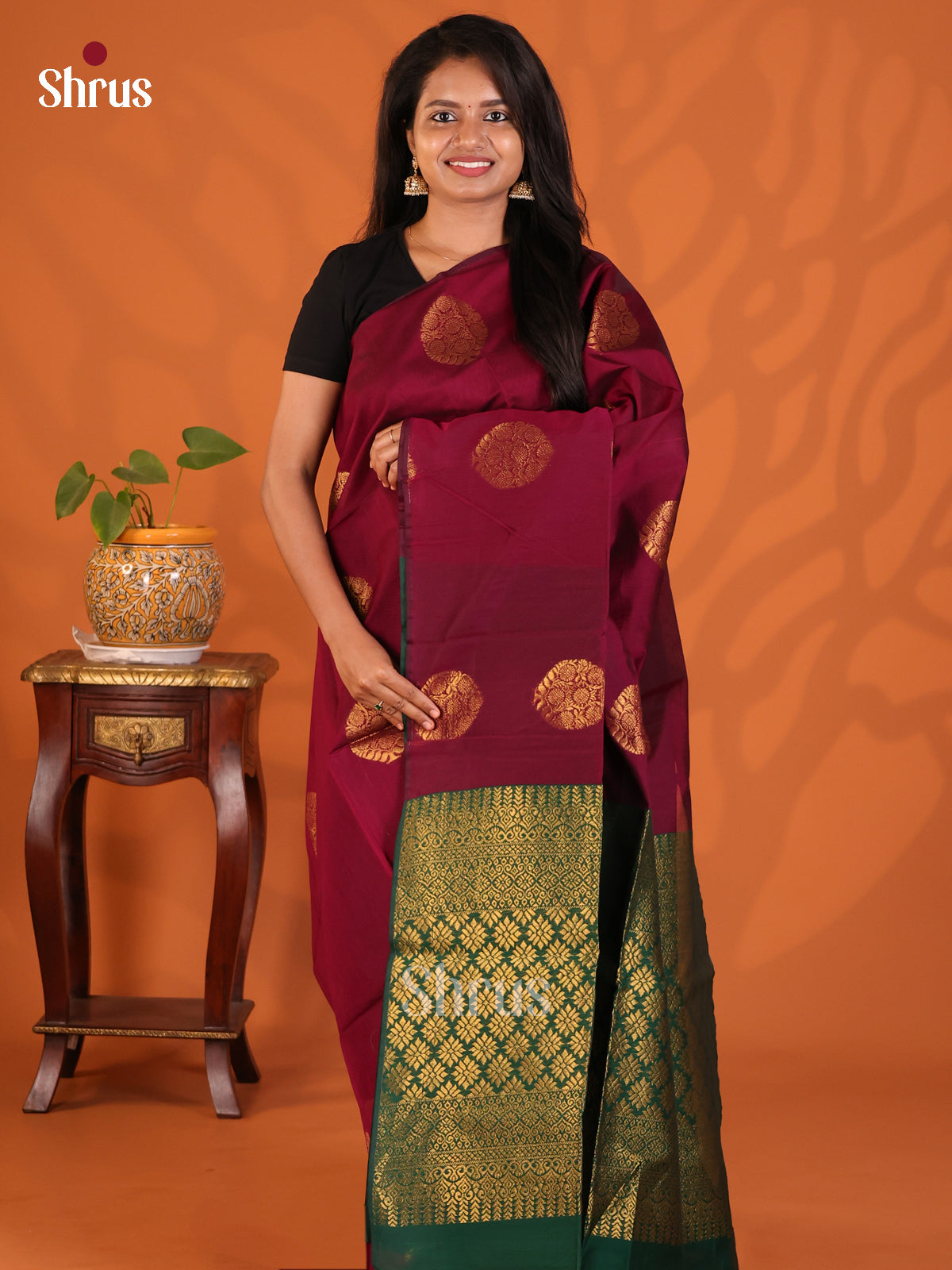 Maroon with Green - Semi Silkcotton Saree - Shop on Shrus.com