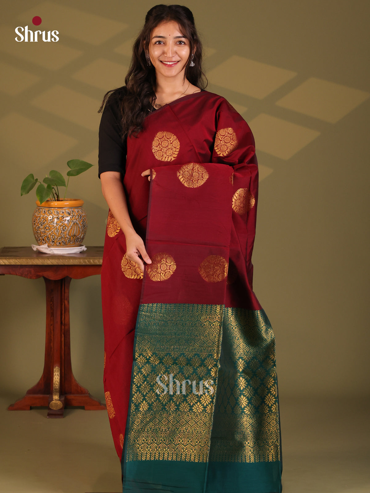 Maroon & Green - Semi Silkcotton Saree - Shop on Shrus.com