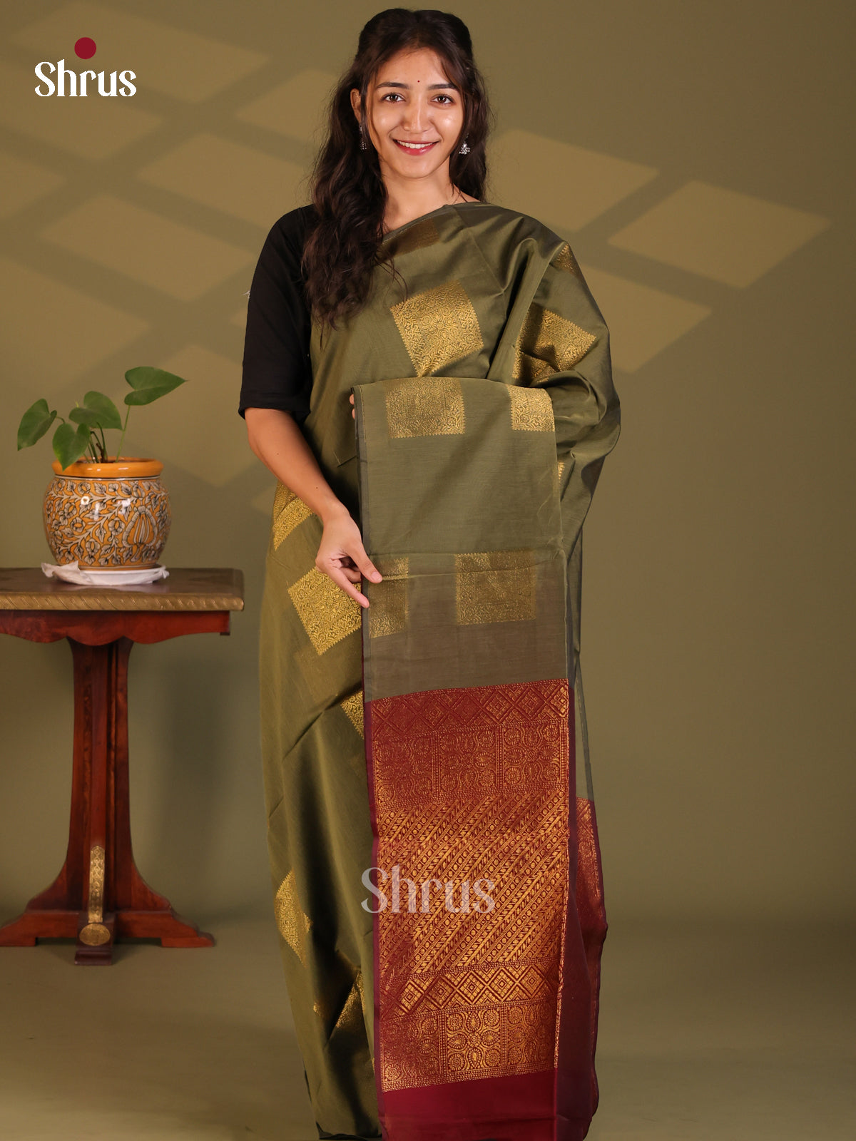 Grey & Maroon - Semi Silkcotton Saree - Shop on Shrus.com