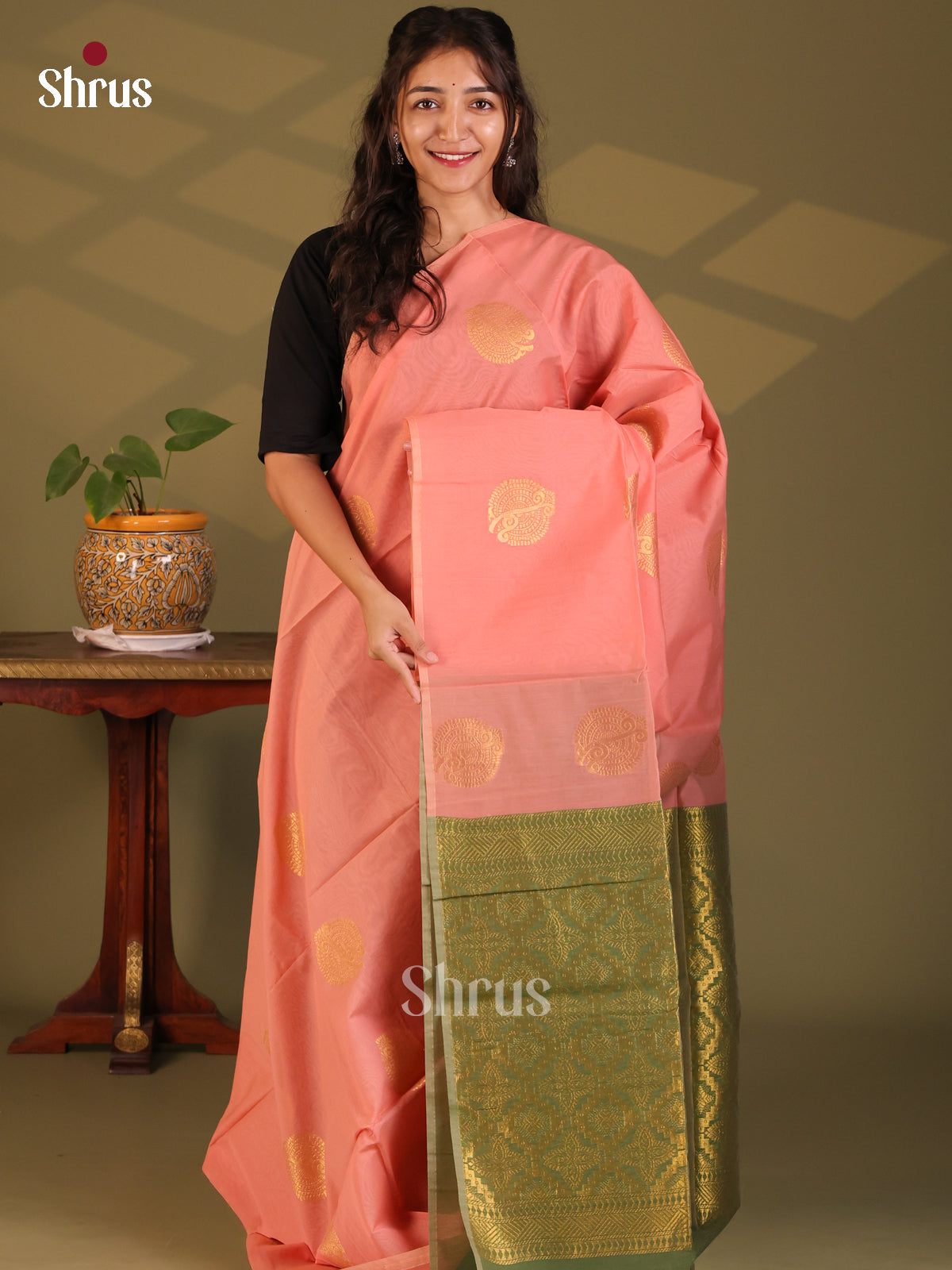 Peach with Green - Semi Silkcotton Saree - Shop on Shrus.com