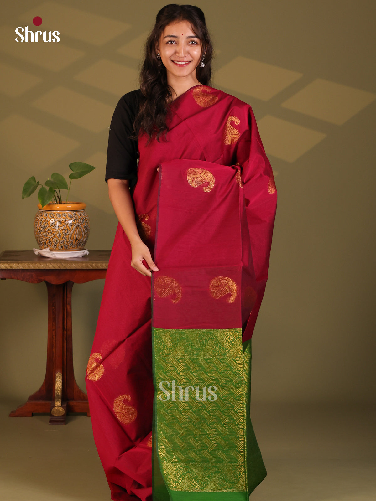 Maroon with Green- Semi Silkcotton Saree - Shop on Shrus.com