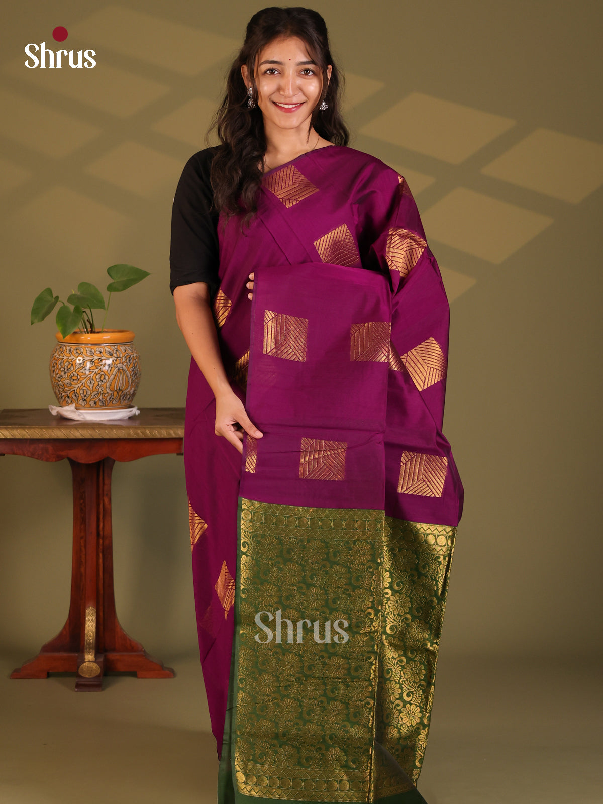Purple with Green - Semi Silkcotton Saree - Shop on Shrus.com