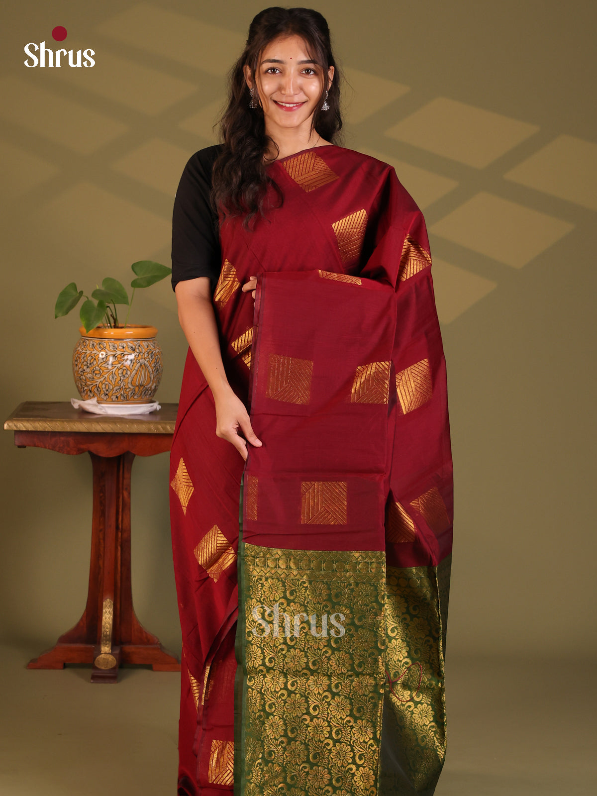 Maroon with Green - Semi Silkcotton Saree - Shop on Shrus.com