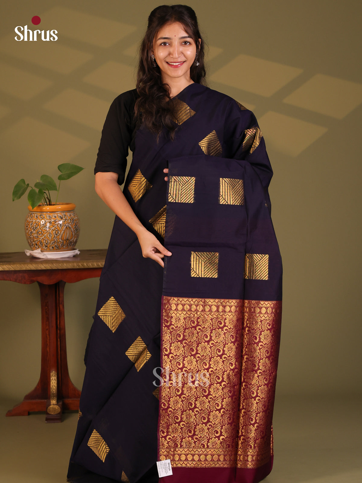 Blue with Maroon- Semi Silkcotton Saree - Shop on Shrus.com