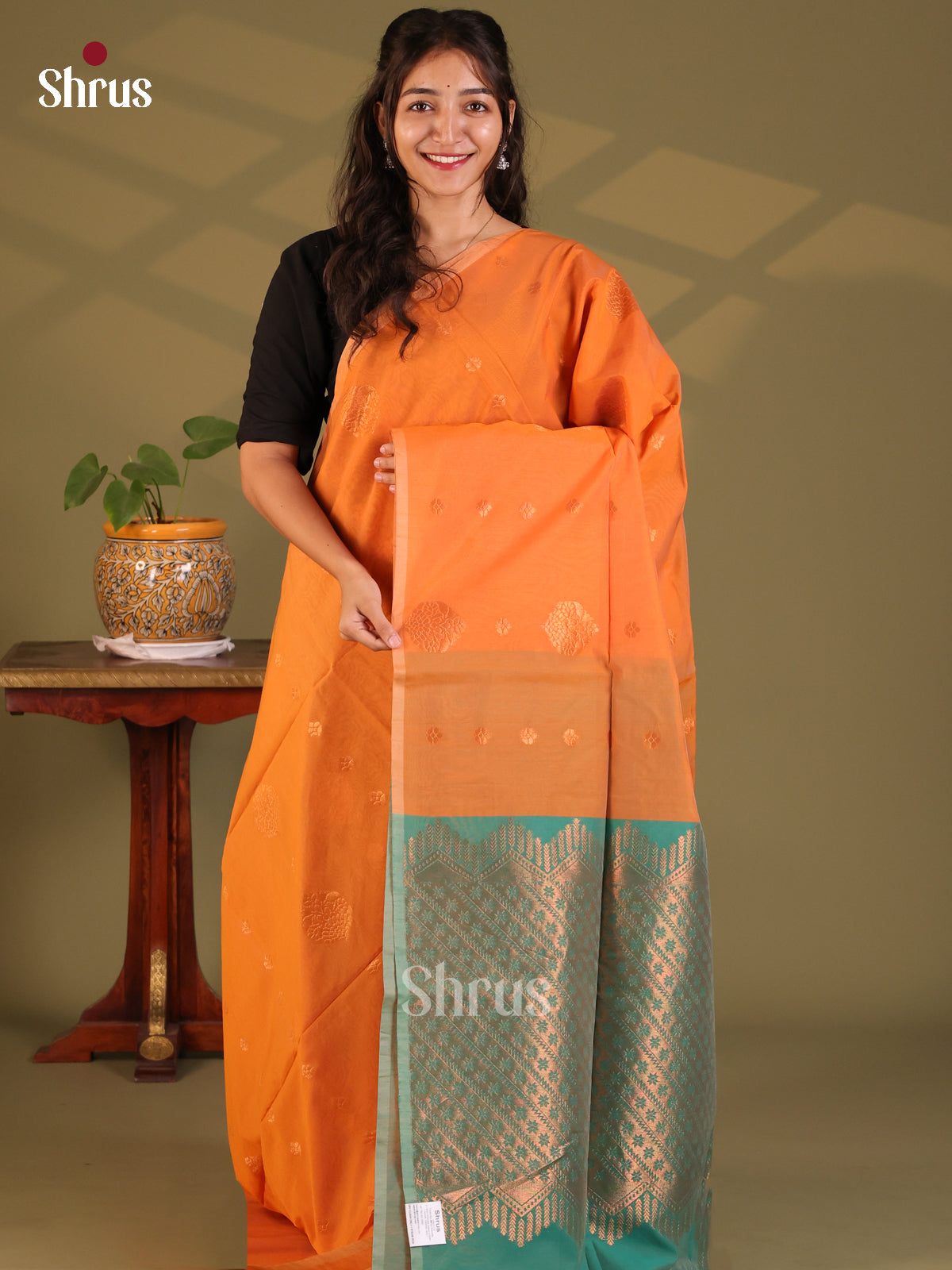 Orange with Green- Semi Silkcotton Saree - Shop on Shrus.com
