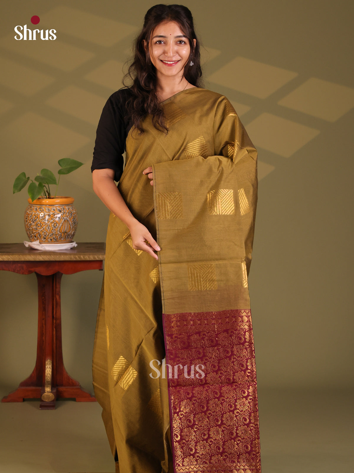 Chutney Green with Maroon- Semi Silkcotton Saree - Shop on Shrus.com