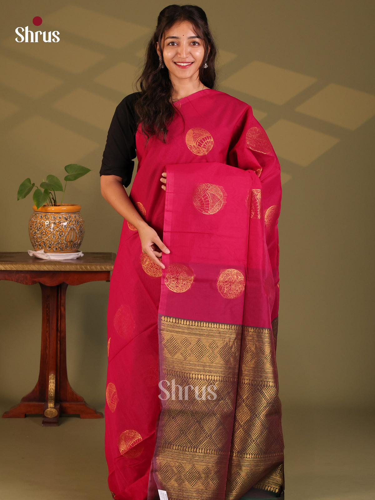 Reddish Pink with Purple - Semi Silkcotton Saree - Shop on Shrus.com