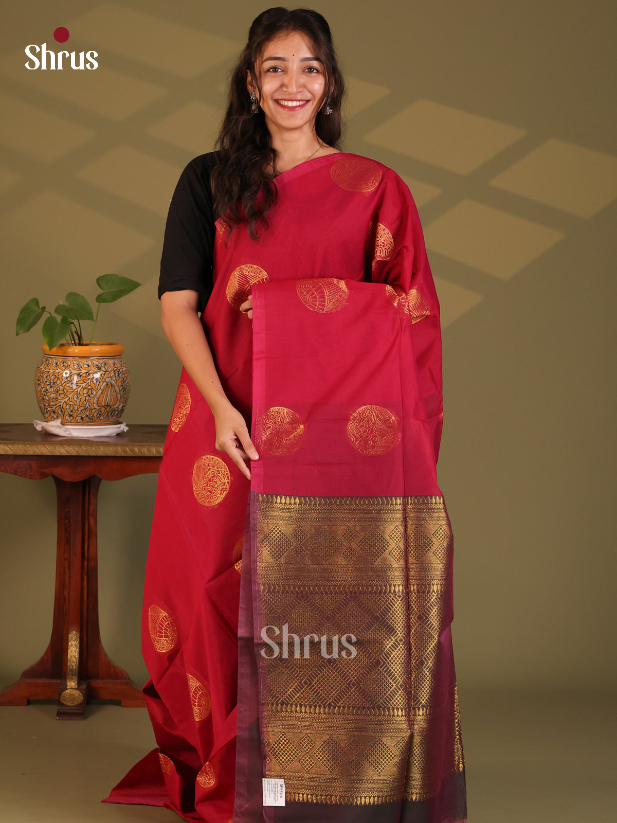 Red with Purple - Semi Silkcotton Saree - Shop on Shrus.com