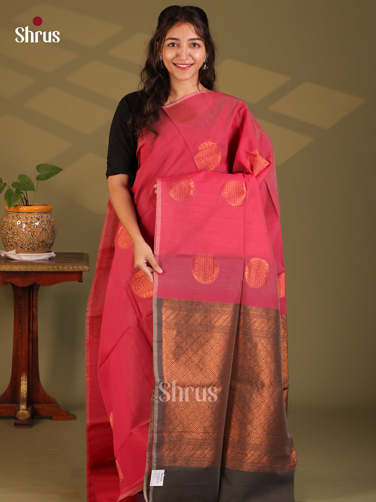 Pink with Grey - Semi Silkcotton Saree - Shop on Shrus.com