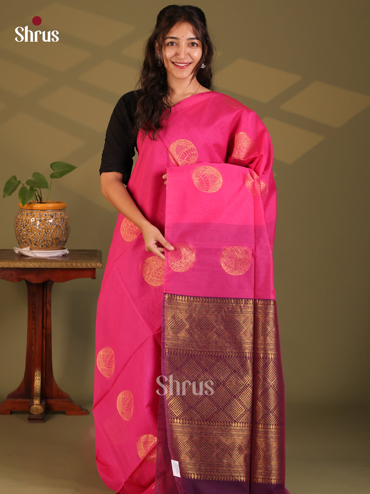 Pink with Purple - Semi Silkcotton Saree - Shop on Shrus.com