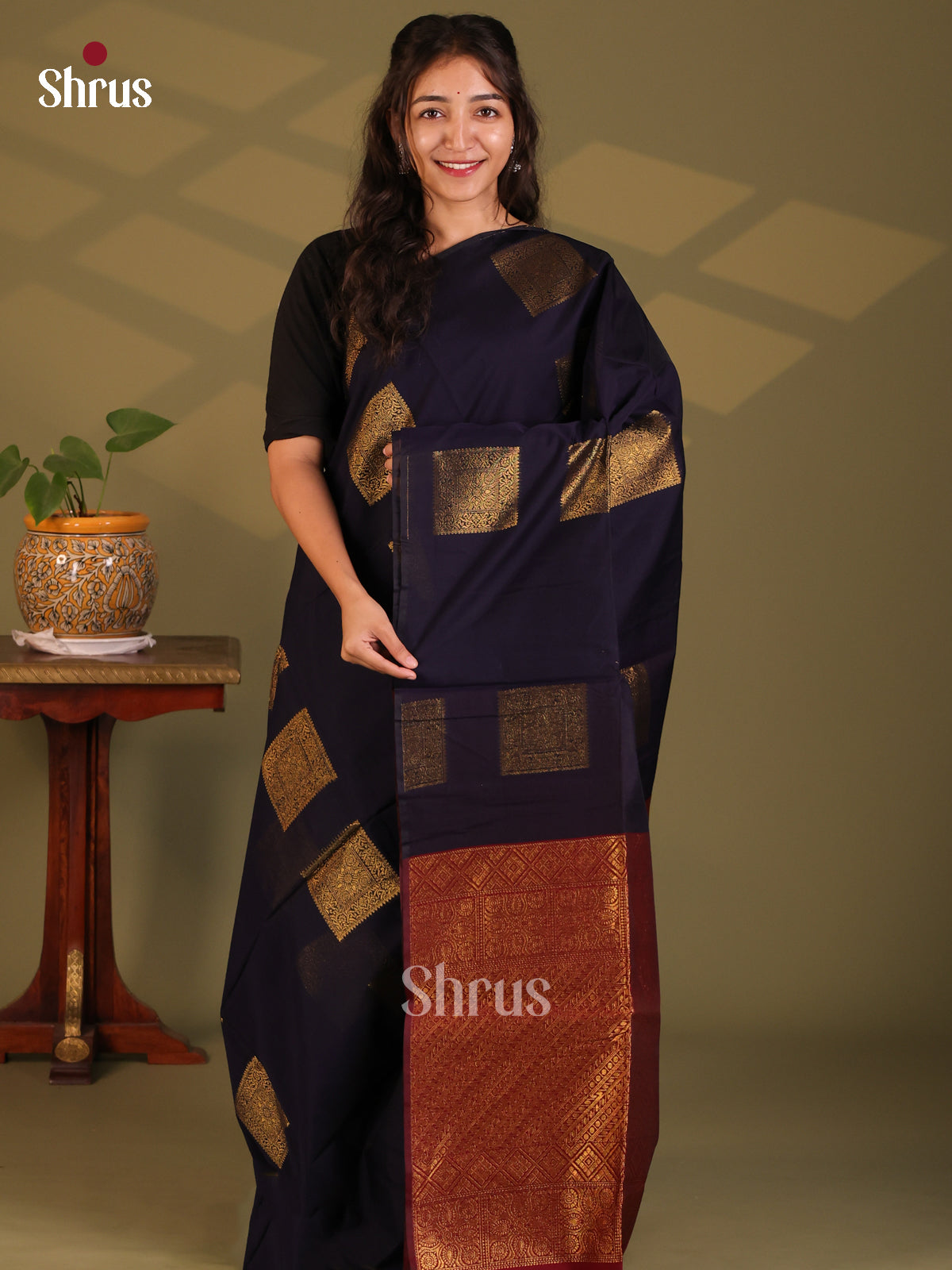 Blue with Maroon- Semi Silkcotton Saree - Shop on Shrus.com