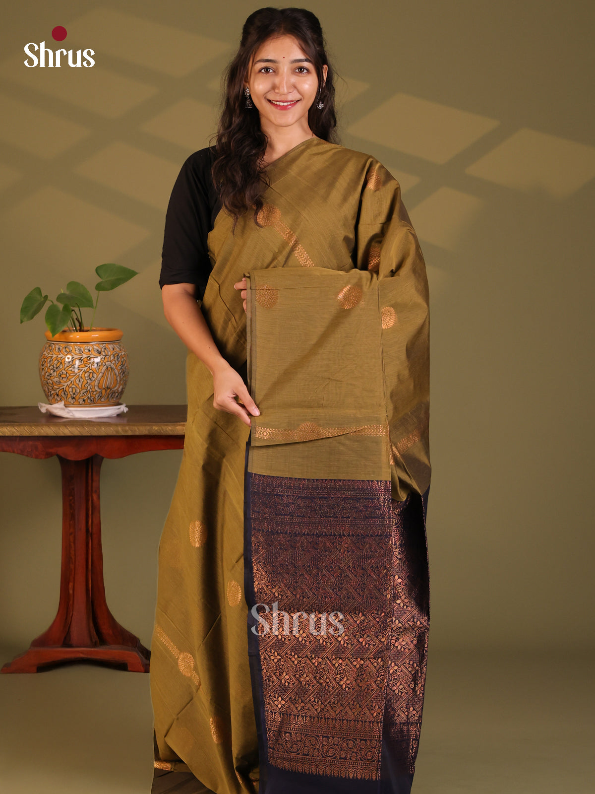 Chutney green with Blue- Semi Silkcotton Saree - Shop on Shrus.com