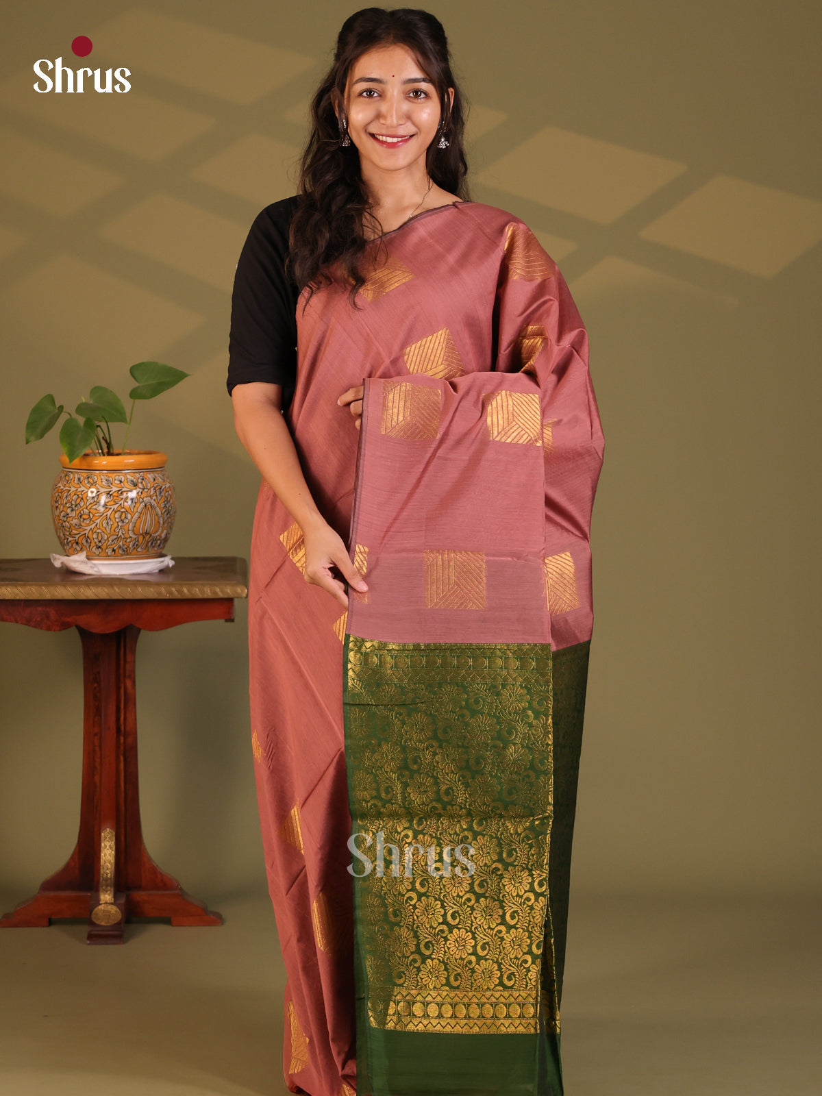 Onion Peel & Green- Semi Silkcotton Saree - Shop on Shrus.com