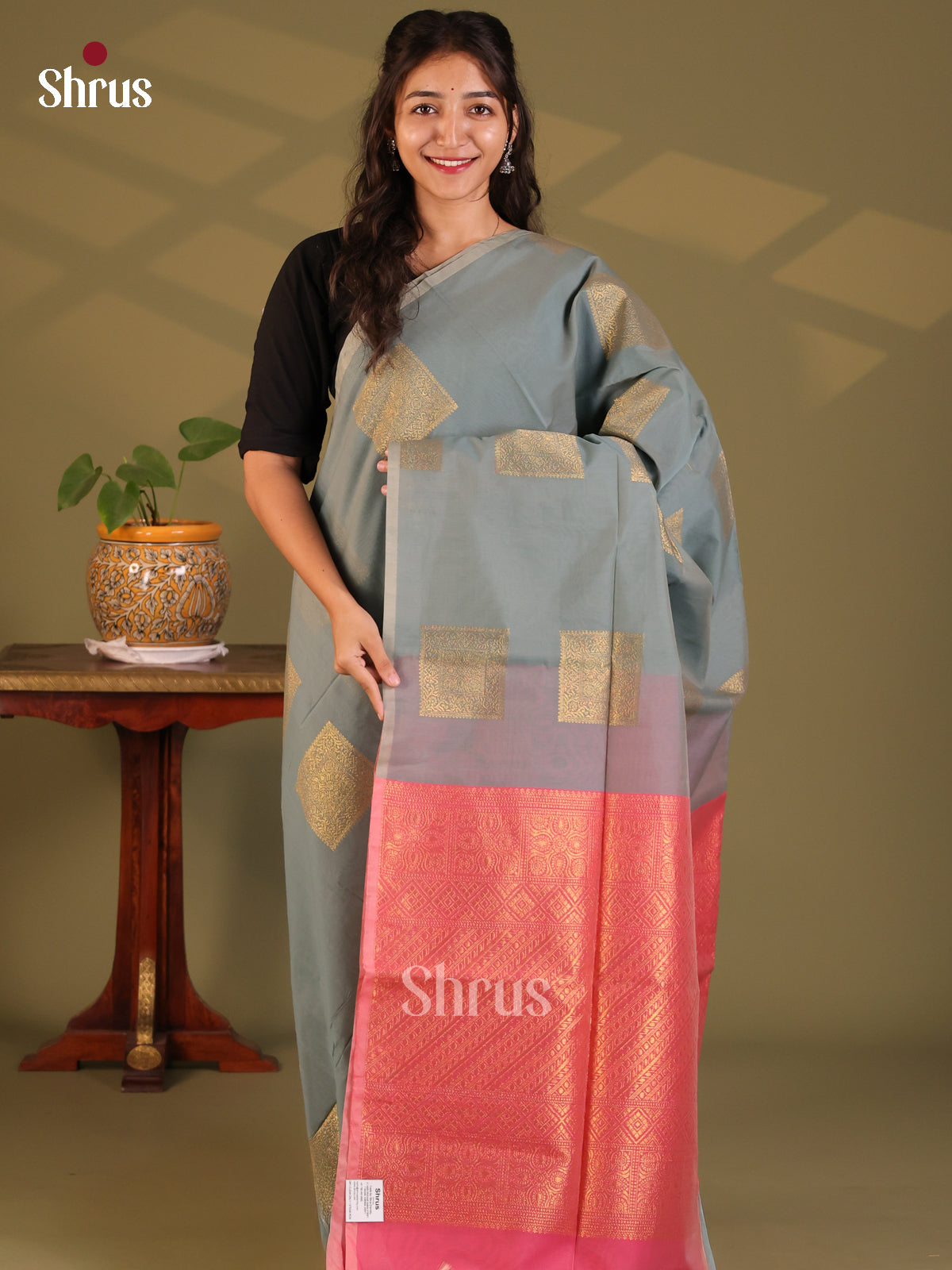 Grey with Pink - Semi Silkcotton Saree - Shop on Shrus.com