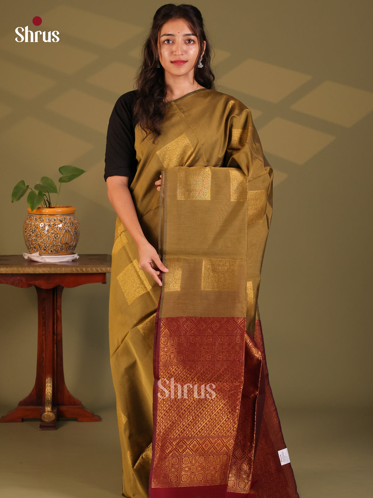 Chutney Green with Maroon- Semi Silkcotton Saree - Shop on Shrus.com