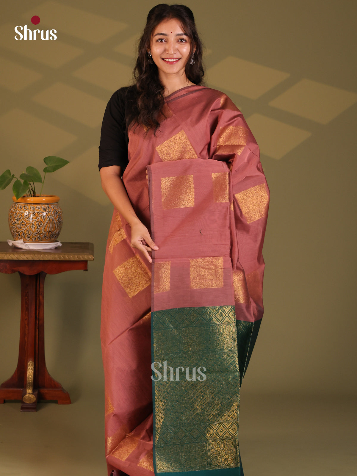 Onion peel with Green - Semi Silkcotton Saree - Shop on Shrus.com