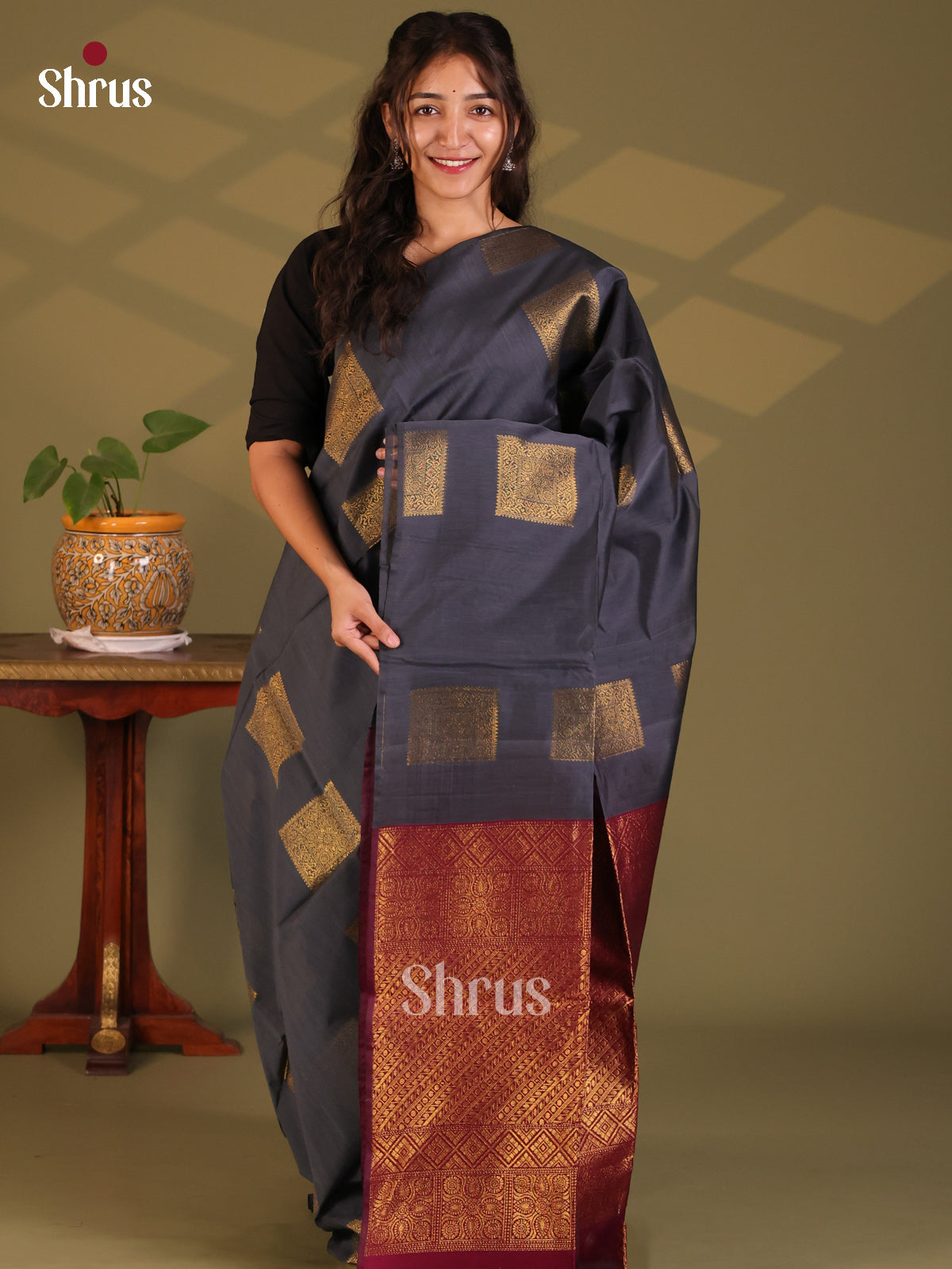 Black with Maroon- Semi Silkcotton Saree - Shop on Shrus.com