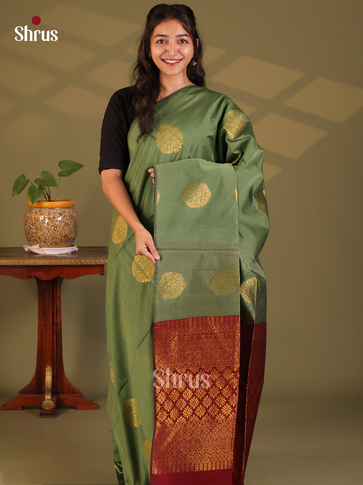 Green with Maroon - Semi Silkcotton Saree - Shop on Shrus.com