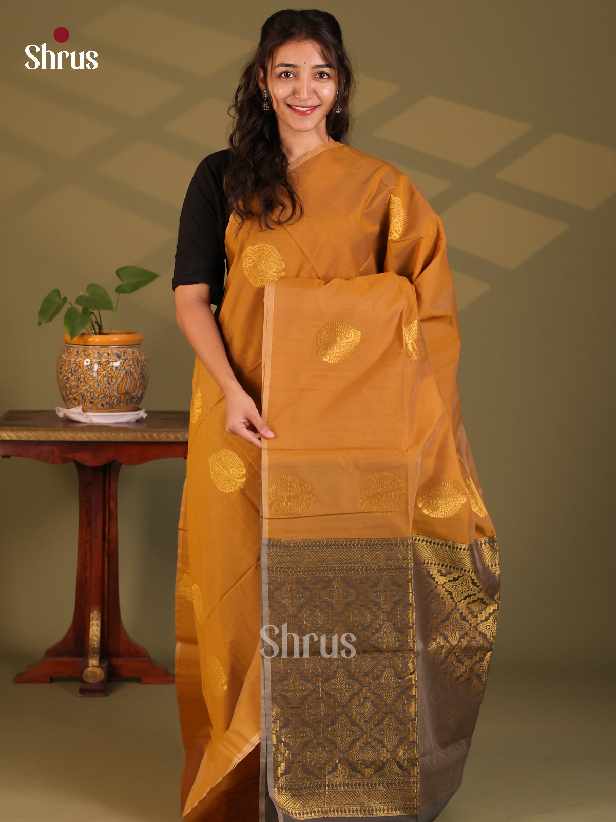 Dark Mustard with Grey- Semi Silkcotton Saree - Shop on Shrus.com