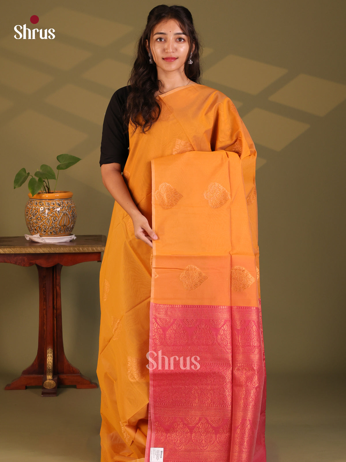 Brick with Red- Semi Silkcotton Saree - Shop on Shrus.com