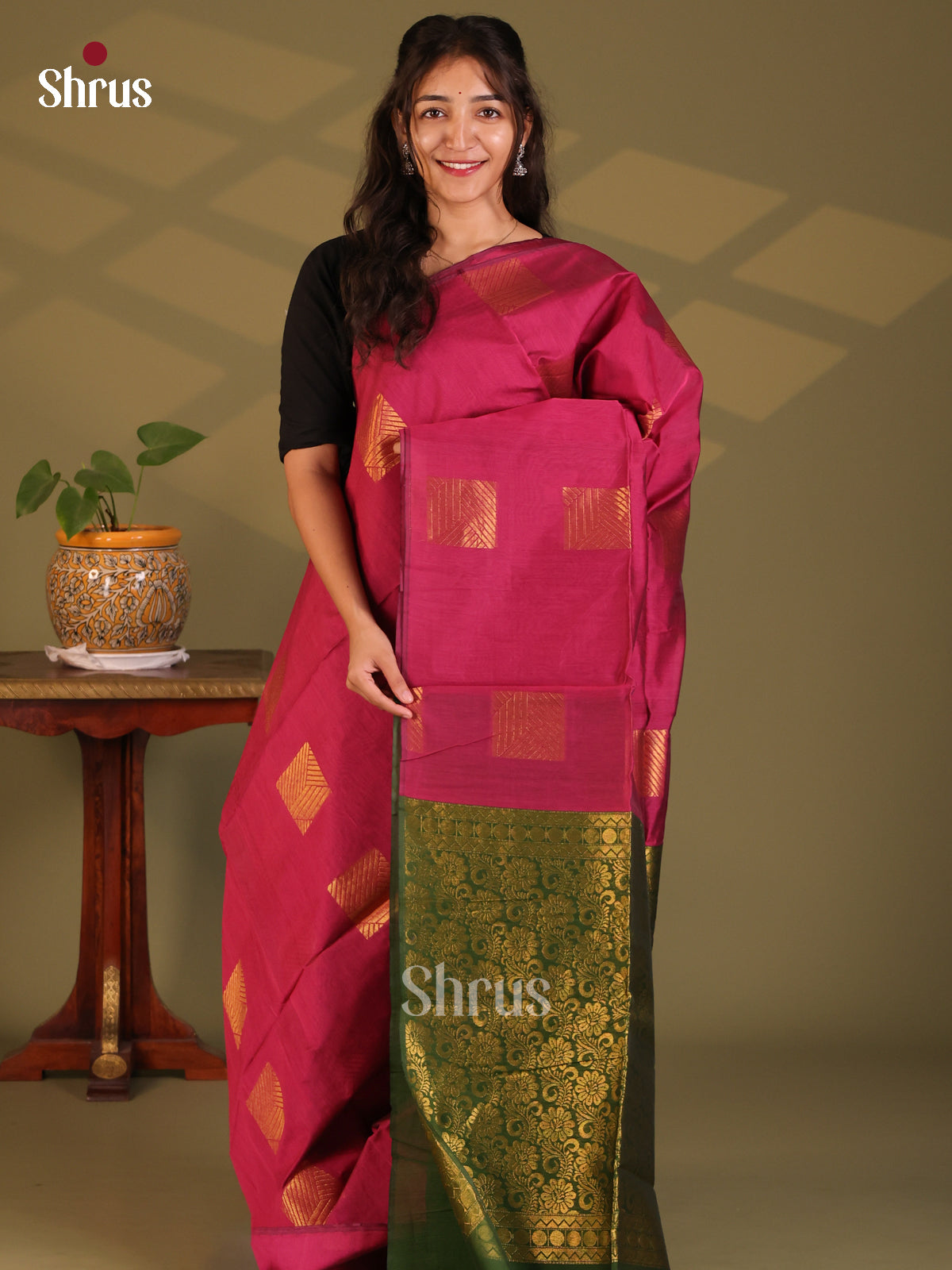 Maroon with Green - Semi Silkcotton Saree - Shop on Shrus.com