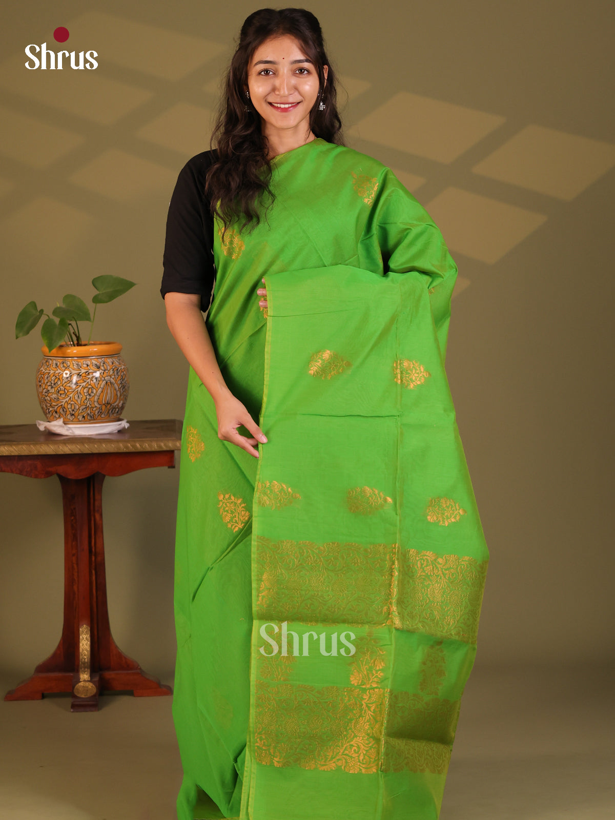 Lite green- Semi Silkcotton Saree - Shop on Shrus.com