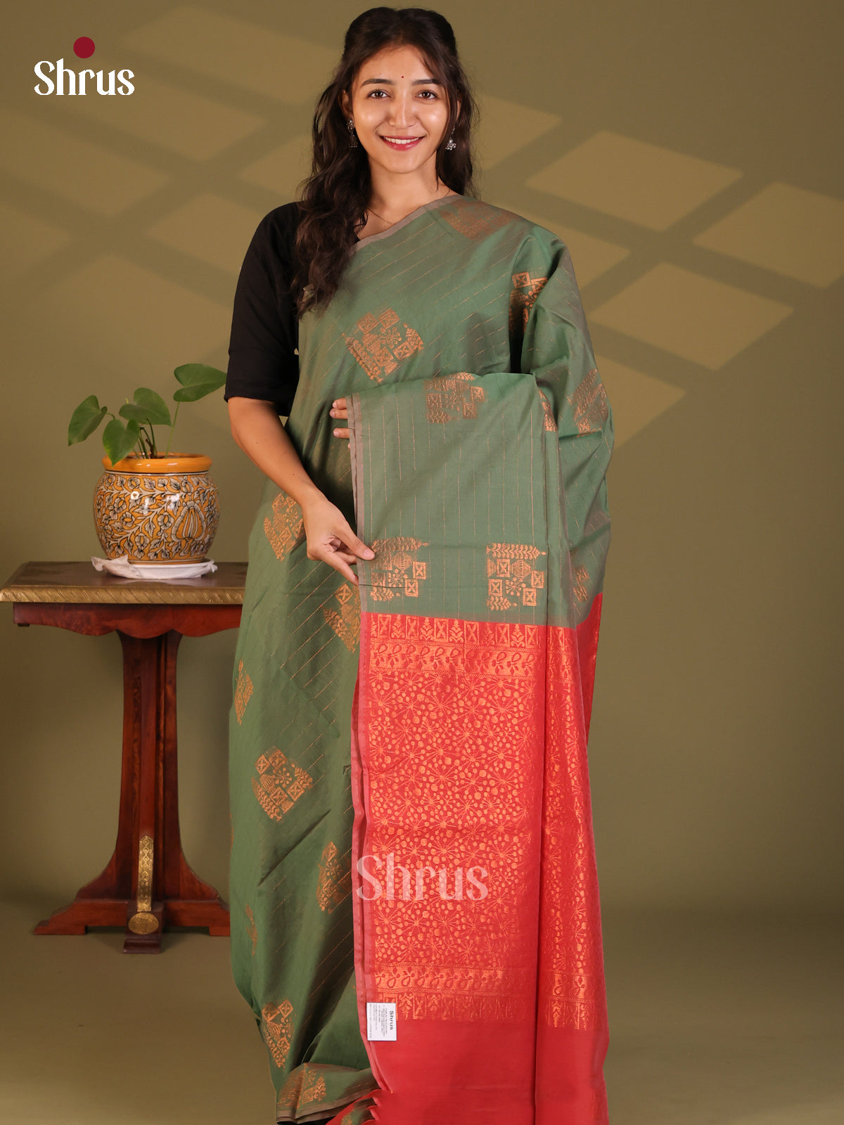 Green with Red - Semi Silkcotton Saree - Shop on Shrus.com
