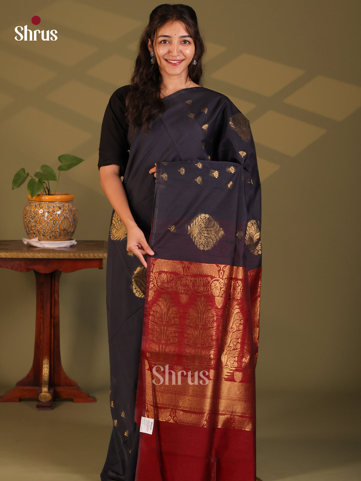 Black with Maroon - Semi Silkcotton Saree - Shop on Shrus.com