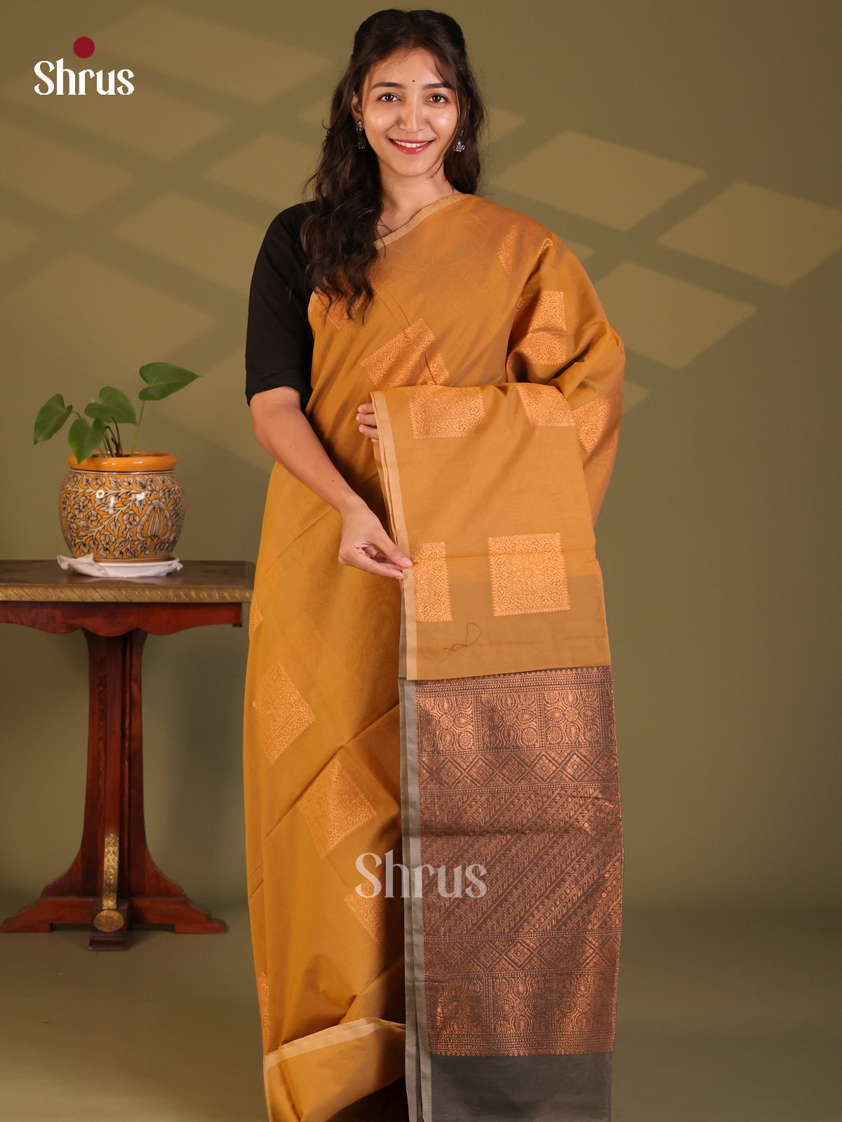 Mustard with Grey - Semi Silkcotton Saree - Shop on Shrus.com