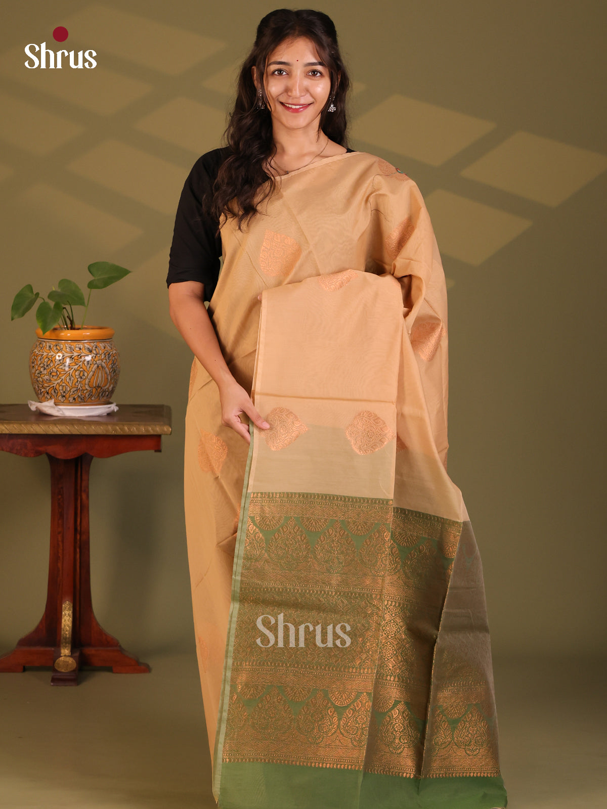 Beige with Green- Semi Silkcotton Saree - Shop on Shrus.com
