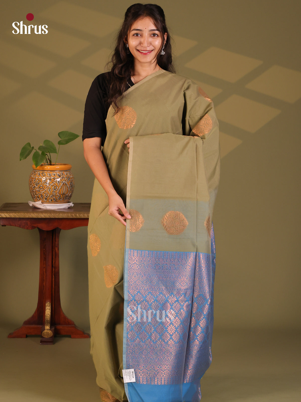 Grey green with Blue- Semi Silkcotton Saree - Shop on Shrus.com