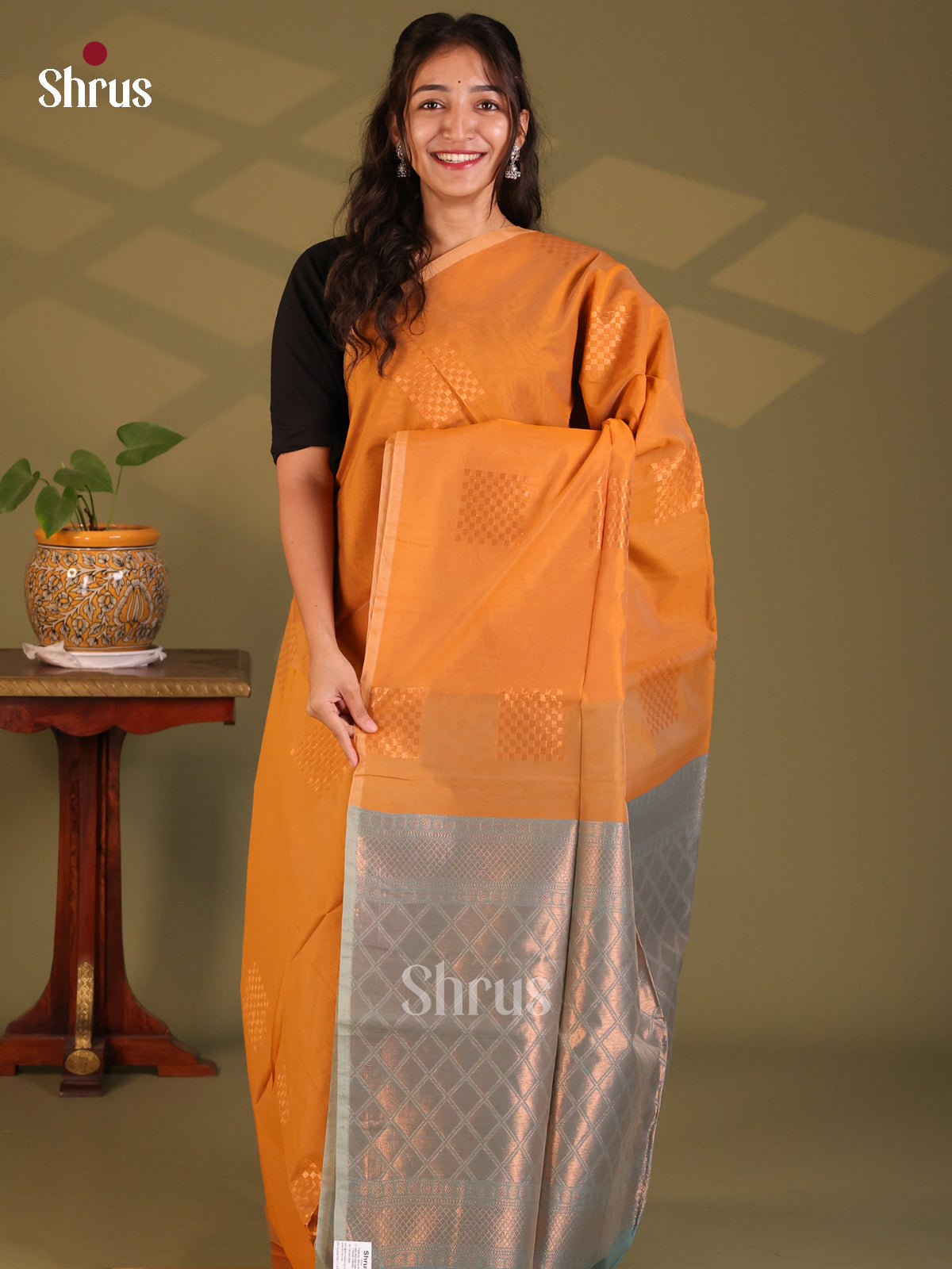 Orange with Grey- Semi Silkcotton Saree - Shop on Shrus.com