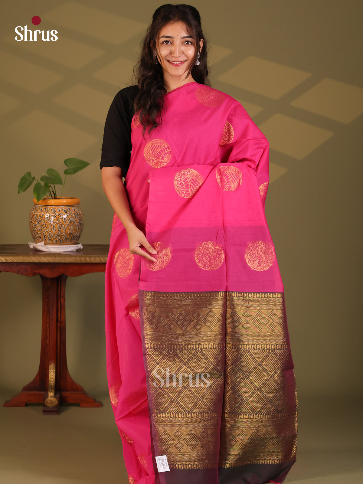 Pink with Purple- Semi Silkcotton Saree - Shop on Shrus.com