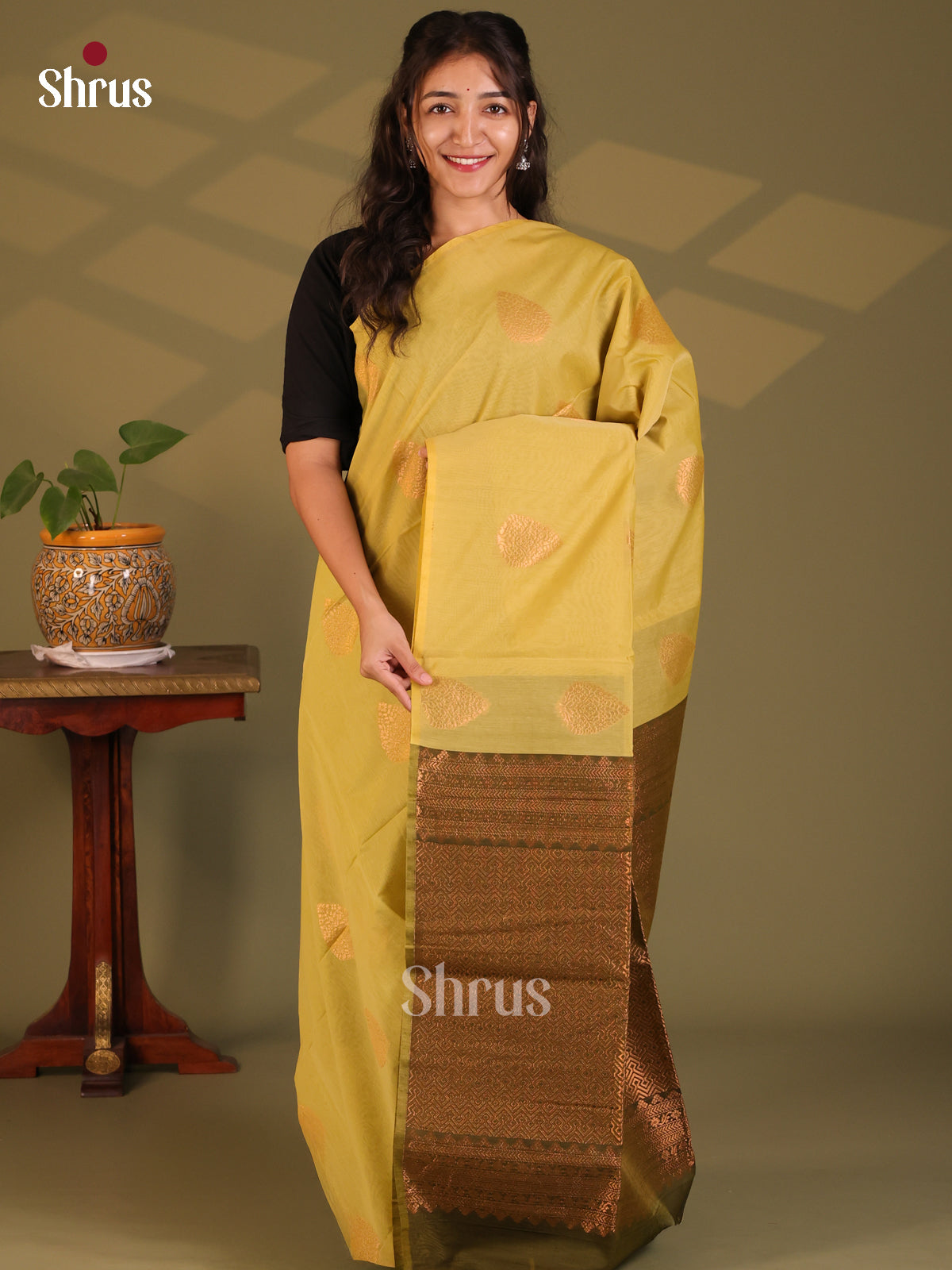 Lite Green with Green- Semi Silkcotton Saree - Shop on Shrus.com