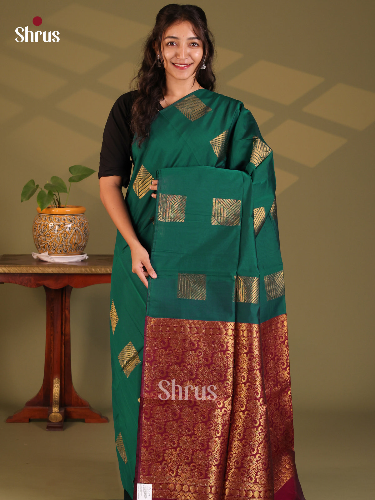Green with Maroon - Semi Silkcotton Saree - Shop on Shrus.com