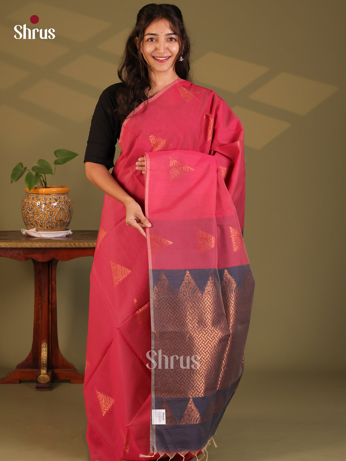 Deep Pink with Grey - Semi Silkcotton Saree - Shop on Shrus.com