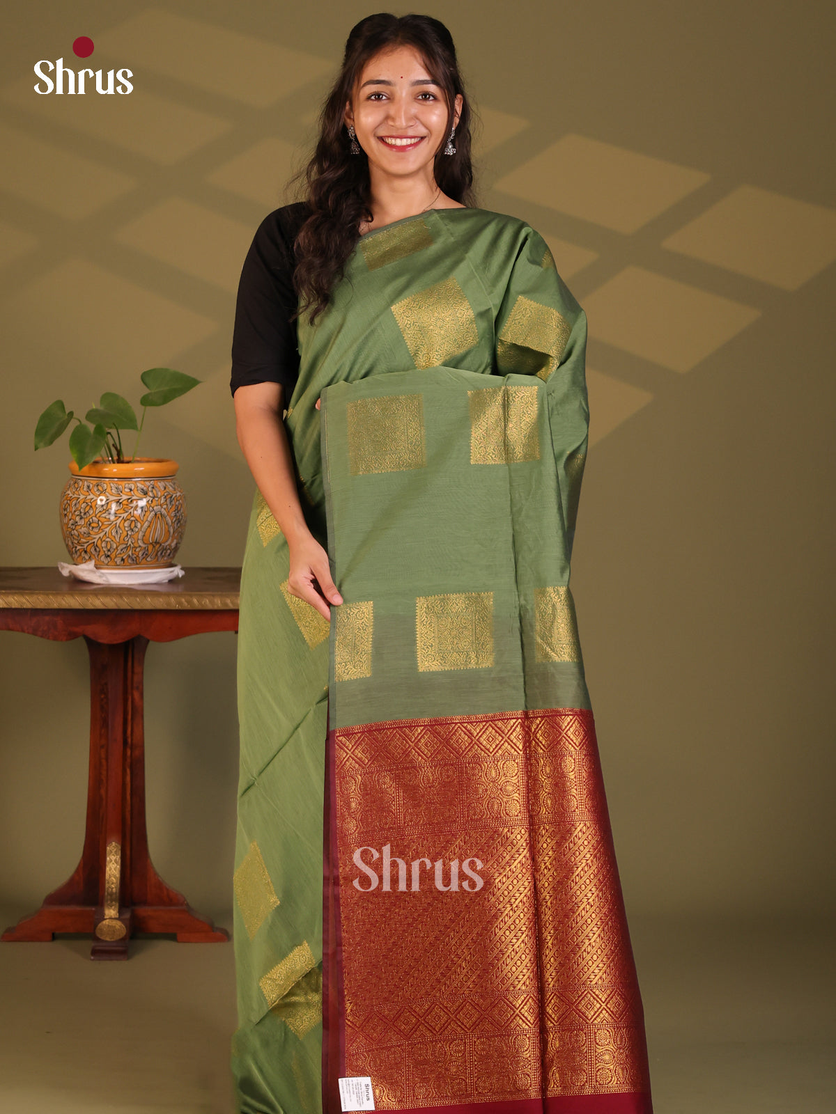 Green with Maroon- Semi Silkcotton Saree - Shop on Shrus.com