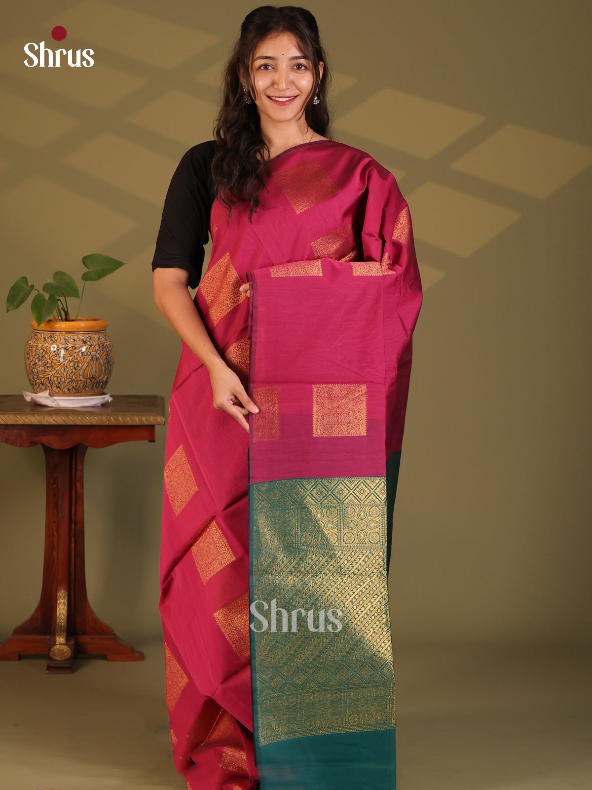 Maroon & Green - Semi Silkcotton Saree - Shop on Shrus.com