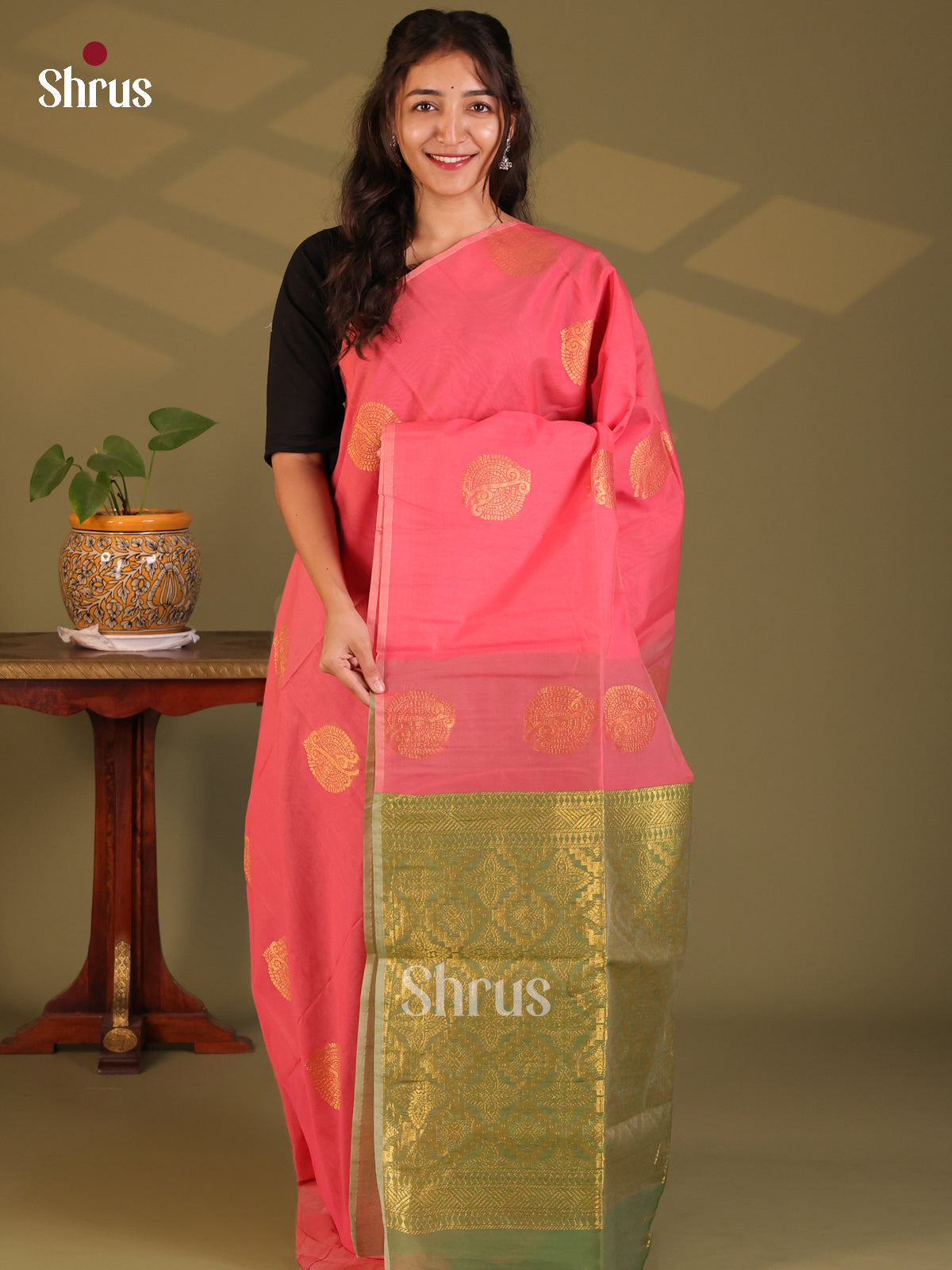 Pink with Green - Semi Silkcotton Saree - Shop on Shrus.com