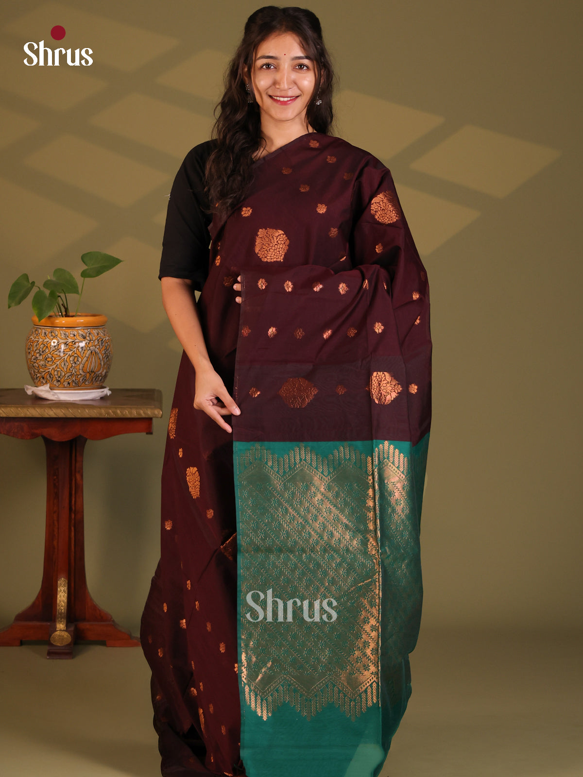 Arakku Maroon with green- Semi Silkcotton Saree - Shop on Shrus.com