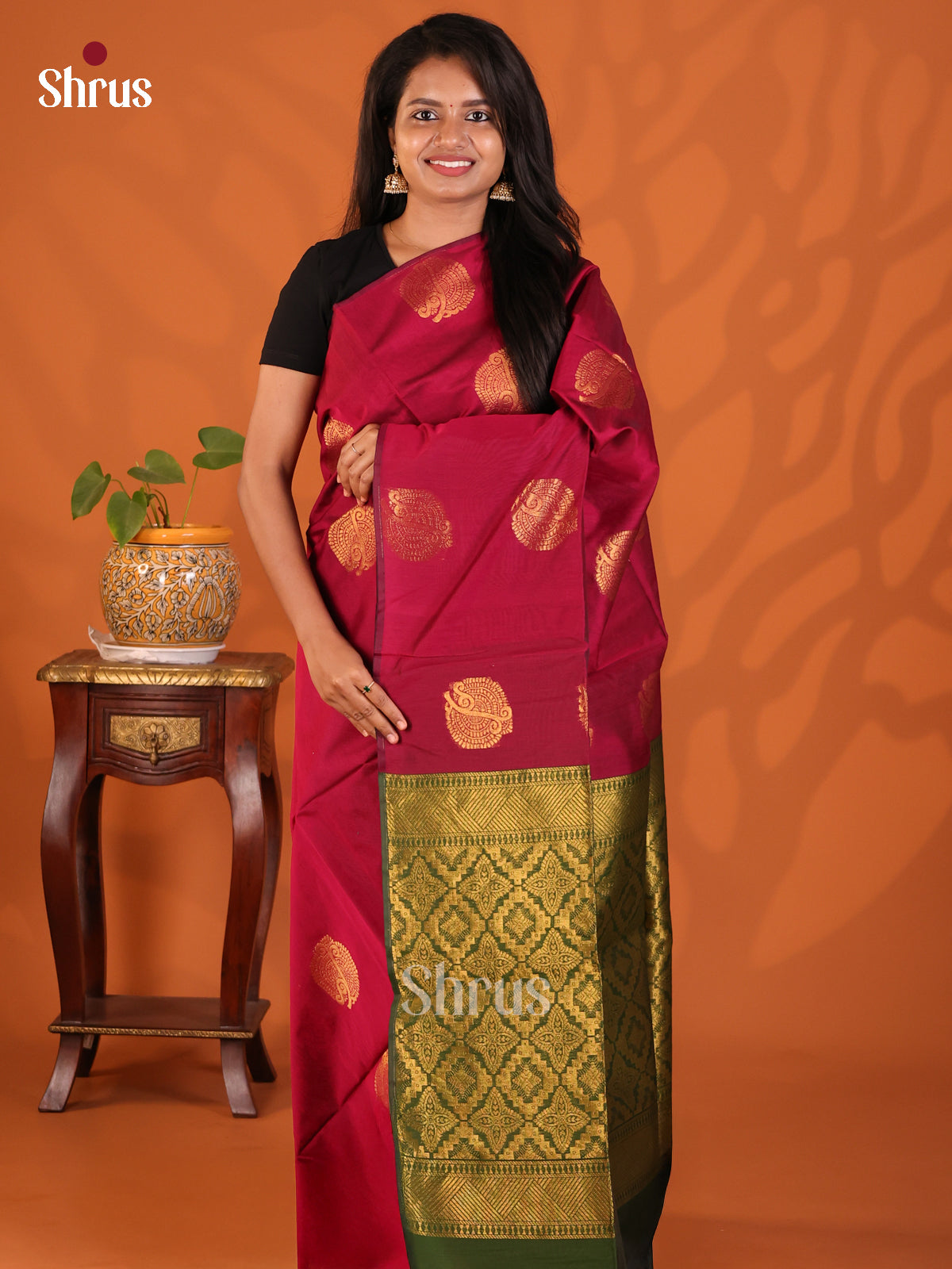 Maroon with Green - Semi Silkcotton Saree - Shop on Shrus.com
